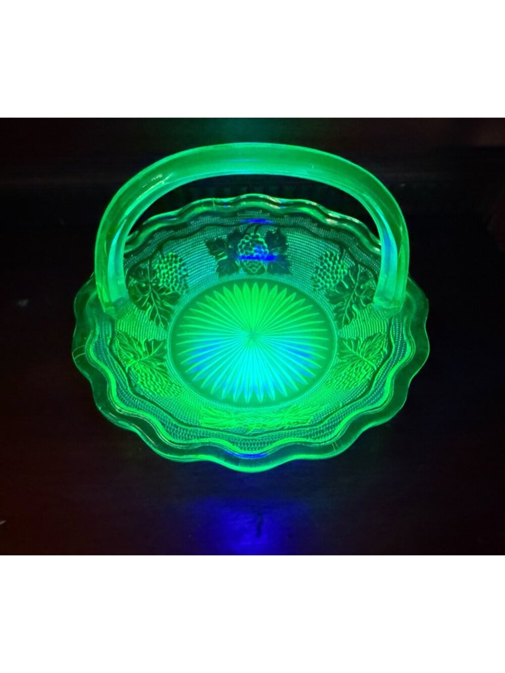 Vintage 30's Westmoreland Green Uranium Glass Basket With Grape Pattern